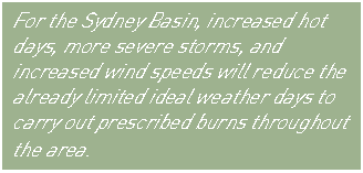 Text Box: For the Sydney Basin, increased hot days, more severe storms, and increased wind speeds will reduce the already limited ideal weather days to carry out prescribed burns throughout the area.